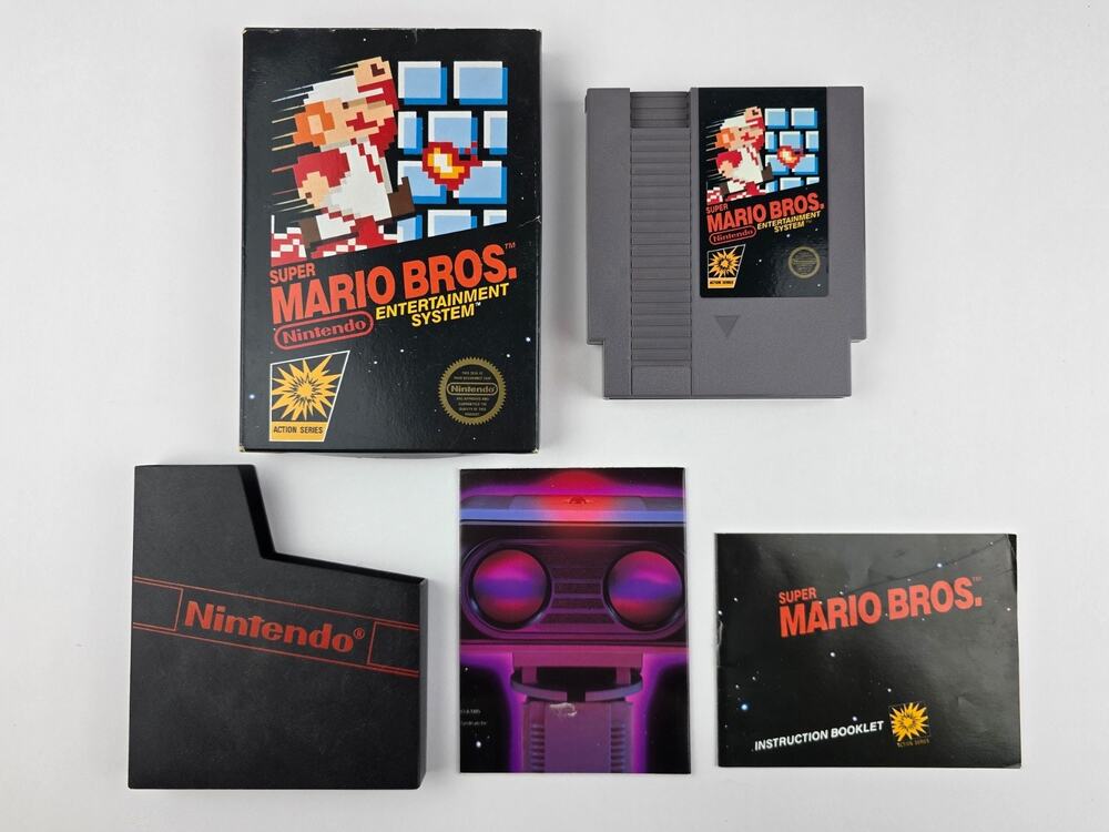 1987 NES Super Mario Bros Black Box 5-Screw Hang Tab Complete